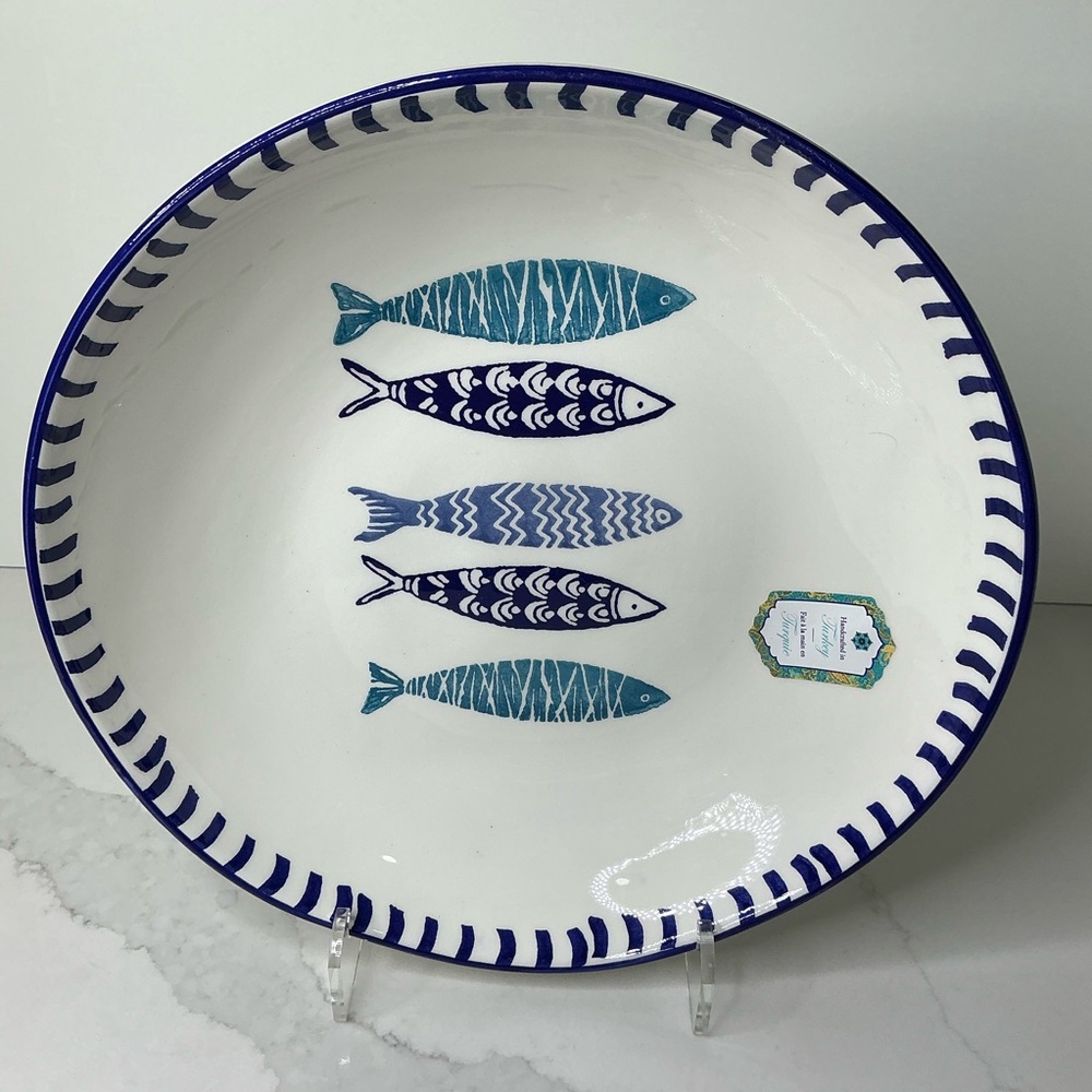 Papart Fishes Large Salad Serving Bowl Blue & White 11.5” Hand Painted in Turkey